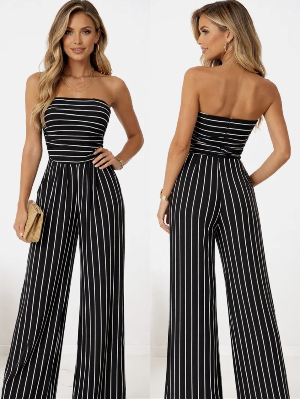 Strapless Black & White Vertical Stripe Wide-Leg Jumpsuit